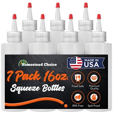 Homestead Choice Made in USA Condiment Squeeze Bottles 16 OZ, 7 Pack Squirt Bottles for Sauces Liqui...
