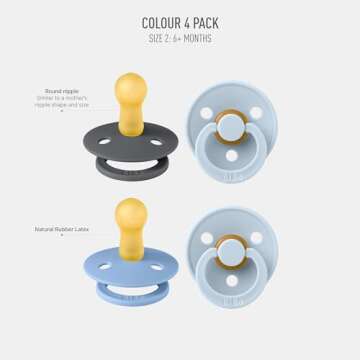 BIBS Pacifiers - Colour 4 Pack | Round Nipple Baby Pacifier | BPA Free Natural Rubber Latex Soother ...