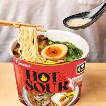 Hot & Sour Seasoned Sauce Packet with Tofu Block - 3.56 Oz Premium Chewy & Chinese Spicy Thin Ramyun Noodles, 6 Counts