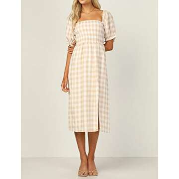 R.Vivimos Summer Dress for Women Cotton Plaid Puff Sleeves Casual Off-Shoulder Boho Side Slit Midi D...