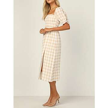 R.Vivimos Summer Dress for Women Cotton Plaid Puff Sleeves Casual Off-Shoulder Boho Side Slit Midi Dress (Medium, Yellow-Plaid)