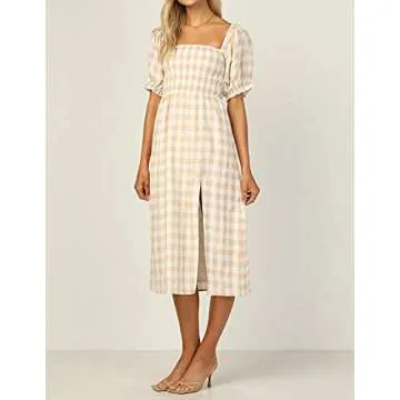 R.Vivimos Summer Dress for Women Cotton Plaid Puff Sleeves Casual Off-Shoulder Boho Side Slit Midi Dress (Medium, Yellow-Plaid)