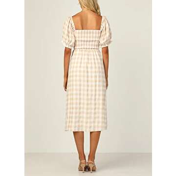 R.Vivimos Summer Dress for Women Cotton Plaid Puff Sleeves Casual Off-Shoulder Boho Side Slit Midi Dress (Medium, Yellow-Plaid)