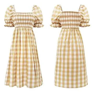R.Vivimos Summer Dress for Women Cotton Plaid Puff Sleeves Casual Off-Shoulder Boho Side Slit Midi Dress (Medium, Yellow-Plaid)