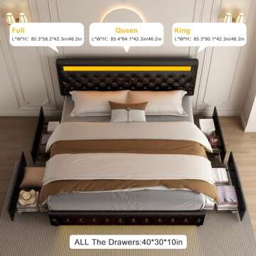 Full Led Bed Frame with 4 Storage Drawers, with Smart Control RGBW LED Lights Headboard Footboard, C...
