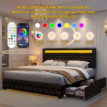 Full Led Bed Frame with 4 Storage Drawers, with Smart Control RGBW LED Lights Headboard Footboard, Control DIY Color, Box Spring Optional, PU Black