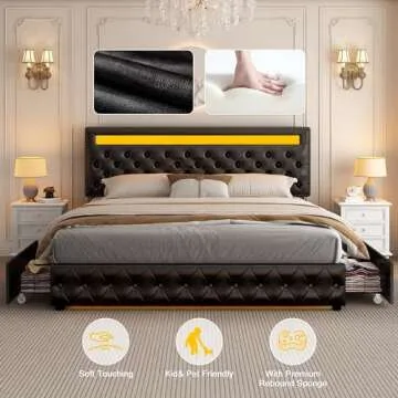 Full Led Bed Frame with 4 Storage Drawers, with Smart Control RGBW LED Lights Headboard Footboard, Control DIY Color, Box Spring Optional, PU Black