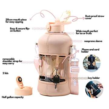 H2O Capsule 2.2L Half Gallon Water Bottle with Storage Sleeve and Covered Straw Lid – BPA Free Lar...