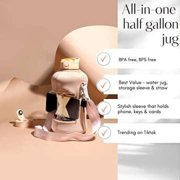 H2O Capsule 2.2L Half Gallon Water Bottle with Storage Sleeve and Covered Straw Lid – BPA Free Large Reusable Drink Container with Handle - Big Sports Jug, 2.2 Liter (74 Ounce), Sandy Beige