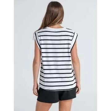 WIHOLL Sleeveless Tops for Women Summer Outfits Cute Womens Tops 2024 Trendy Dressy Casual Tank Top Black White Striped Shirts Cap Sleeve Tee L