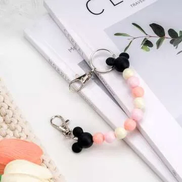 Eybila Mouse Ear Holder for Backpack Beaded Lanyard Keychain Park Trip Essentials Headband Display Decor Hanging Accessories Pink