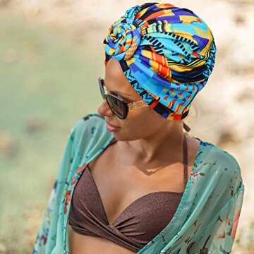 SATINIOR 3 Pieces African Turban for Women Knot Pre Tied Bonnet Beanie Cap Headwrap(Blue Green Pink Geometry)