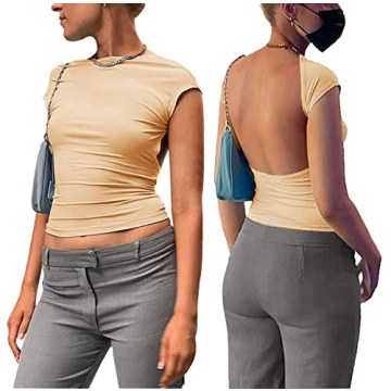 ForeFair Women Sexy Backless Top Open Back Short Sleeve Shirts Cute Slim Fit Crewneck Summer Casual ...