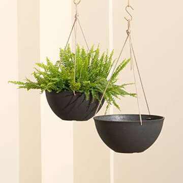 LA JOLIE MUSE Hanging Planters for Outdoor Plants, Large Hanging Planter with Drain Holes, Black Hanging Flower Pots (13.2 Inch, Set of 2)