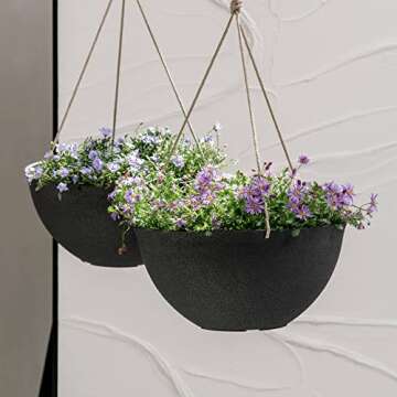 LA JOLIE MUSE Hanging Planters for Outdoor Plants, Large Hanging Planter with Drain Holes, Black Hanging Flower Pots (13.2 Inch, Set of 2)
