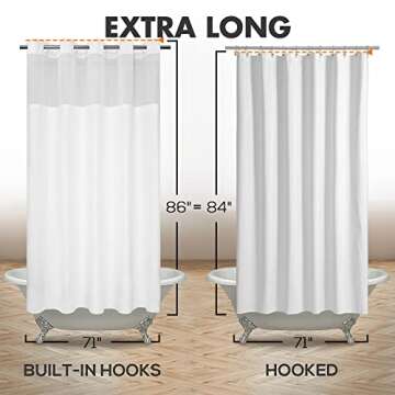 Extra Long No Hook Slub Textured Shower Curtain with Snap-in PEVA Liner Set - 71" x 86"(84"), Hotel Style with See Through Top Window, Fabric Curtain & Waterproof Liner, White, 71x86