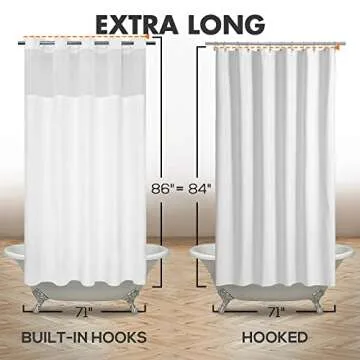Extra Long No Hook Slub Textured Shower Curtain with Snap-in PEVA Liner Set - 71" x 86"(84"), Hotel Style with See Through Top Window, Fabric Curtain & Waterproof Liner, White, 71x86