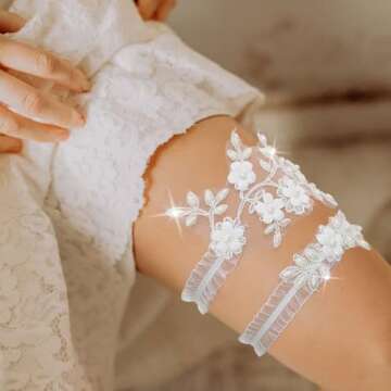Campsis Pearl Bridal Garter Set White Flower Bride Wedding Garters Belt Handmade Leaf Strecth Prom for Women (Set of 2)