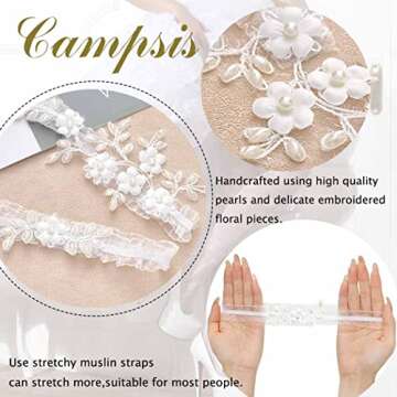 Campsis Pearl Bridal Garter Set White Flower Bride Wedding Garters Belt Handmade Leaf Strecth Prom for Women (Set of 2)