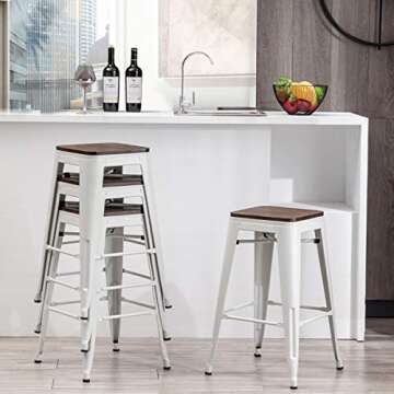 Alunaune 26" Metal Bar Stools Set of 4 Industrial Backless Counter Height Barstools Stackable Kitchen Patio Stool Wood Top-White