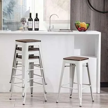 Alunaune 26" Metal Bar Stools Set of 4 Industrial Backless Counter Height Barstools Stackable Kitchen Patio Stool Wood Top-White