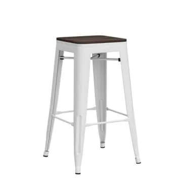 Alunaune 26" Metal Bar Stools Set of 4 Industrial Backless Counter Height Barstools Stackable Kitchen Patio Stool Wood Top-White