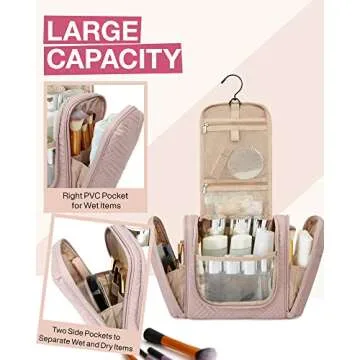 BAGSMART Travel Toiletry Bag for Women, Hanging Toiletry Bag with Hook, Travel Cosmetic Makeup Bag Travel Organizer for Accessories, Shampoo, Full Sized Container, Toiletries,Pink-Medium