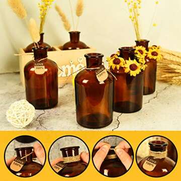 Rocinha 6 Pieces Amber Glass Vases Small Glass Bud Vase Apothecary Jars Decorative Amber Bottles Flower Vase for Centerpieces Home Decor Wedding Bridal Shower Arranging Bouquets