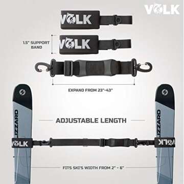 Volk Ski Strap and Pole Carrier - 2 Sets per Pack - Skiing Accessory for Easy Transportation of Your Ski Gear - Feel Comfortable Walking to and From the Mountain - Adjustable Size
