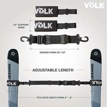 Volk Ski Strap and Pole Carrier - 2 Sets per Pack - Skiing Accessory for Easy Transportation of Your Ski Gear - Feel Comfortable Walking to and From the Mountain - Adjustable Size