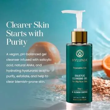 Hylunia Skincare Salicylic Facial Cleansing Gel – Deep Pore Cleanser for Oily & Acne-Prone Skin, Exfoliates, Minimizes Blackheads & Breakouts, Hydrates, Brightens Complexion, 5.1 fl. oz.