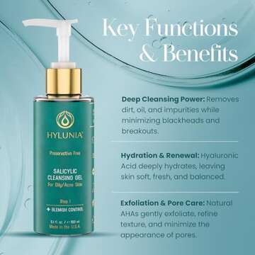 Hylunia Skincare Salicylic Facial Cleansing Gel – Deep Pore Cleanser for Oily & Acne-Prone Skin, Exfoliates, Minimizes Blackheads & Breakouts, Hydrates, Brightens Complexion, 5.1 fl. oz.