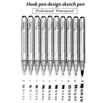 Set of 10 Black Micro-Pen Fineliner Ink Pens, Anti-Bleed & Waterproof Archival ink,Brush & Calligraphy Tip Nibs - Artist Illustration, Office Documents, Scrapbooking, Technical Drawing