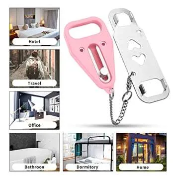 Portable Door Lock, Extra Home Security Locker for Additional Privacy and Safety, Travel Lock Down Locks for Traveling, Hotel, Home, Apartment, College with Door Hanger Sign (2 Pack, Pink)