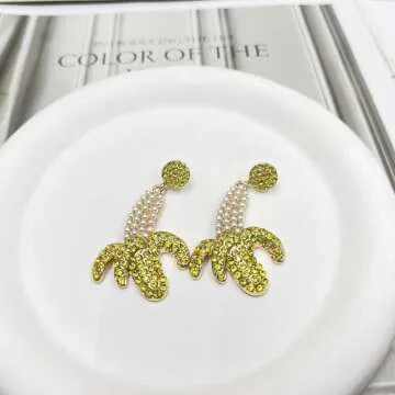 Cute Banana Earrings for Women Pearl Beaded Banana Drop Earrings Sparkle Cubic Zirconia Funny Yellow Banana Earrings Teens Decoration Jewelry Gifts