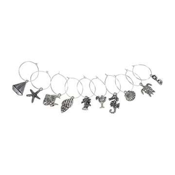 Palm City Products 10 Piece Beach Themed Wine Charm Set - Nautical Stemmed Wine Glass Charms