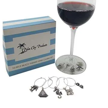 Palm City Products 10 Piece Beach Themed Wine Charm Set - Nautical Stemmed Wine Glass Charms