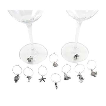 Palm City Products 10 Piece Beach Themed Wine Charm Set - Nautical Stemmed Wine Glass Charms
