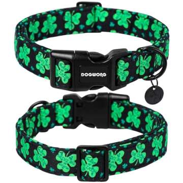 DOGWONG Black St. Patrick's Day Dog Collar, Green Lucky Clover Shamrock Dog Collar Soft Durable Adju...
