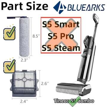 Bluearks【Only S5 Combo】Replacement Parts for TINECO Floor ONE S5 COMBO Cordless Stick Wet Dry Vacuum Cleaner, 2 Pack Brush Rollers and 2 Pack Vacuum HEPA Filters for Tineco Cleaning Solution Refill