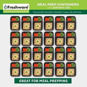 Freshware Meal Prep Containers [15 Pack] 2 Compartment with Lids, Food Storage Containers, Bento Box, BPA Free, Stackable, Microwave/Dishwasher/Freezer Safe (28 oz), Black