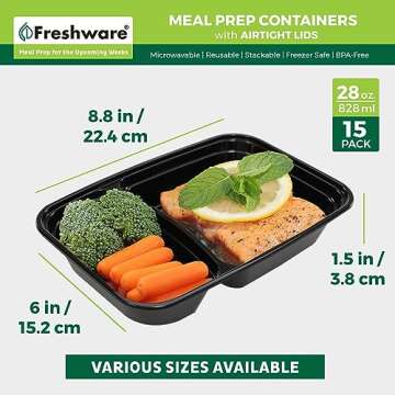 Freshware Meal Prep Containers [15 Pack] 2 Compartment with Lids, Food Storage Containers, Bento Box, BPA Free, Stackable, Microwave/Dishwasher/Freezer Safe (28 oz), Black