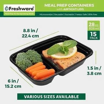 Freshware Meal Prep Containers [15 Pack] 2 Compartment with Lids, Food Storage Containers, Bento Box, BPA Free, Stackable, Microwave/Dishwasher/Freezer Safe (28 oz), Black