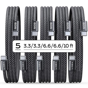 LISEN USB C Cable, 5-Pack [3.3/3.3/6.6/6.6/10FT] - Fast Charging & Durable
