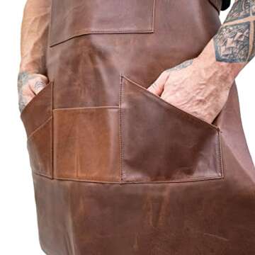 LINDSEY STREET Black Leather Apron with Pockets Leather Butchers Apron Bib Barista Baker Bartender BBQ Chef Barber Uniform (Brown)