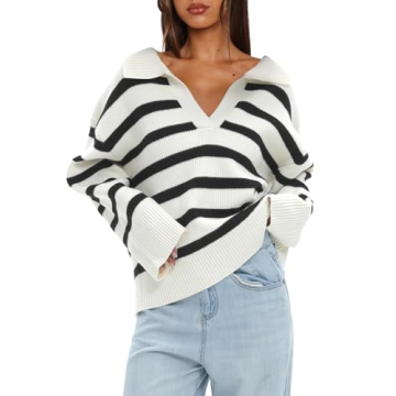 Darong Women's V Neck Striped Knit Sweater for Fall