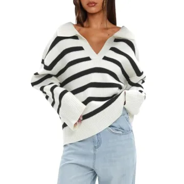 Darong Women's V Neck Striped Knit Sweater for Fall
