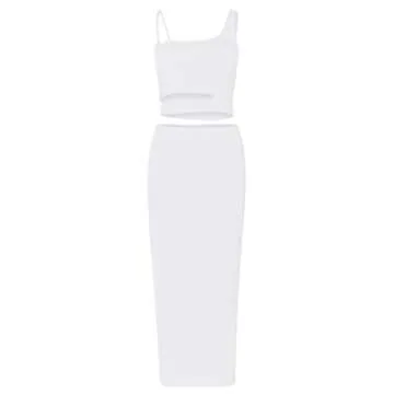 PRIMODA Women's Sexy Asymmetrical Spaghetti Strap Dress Square Neck Sleeveless Bodycon Midi Club Dress(White M)