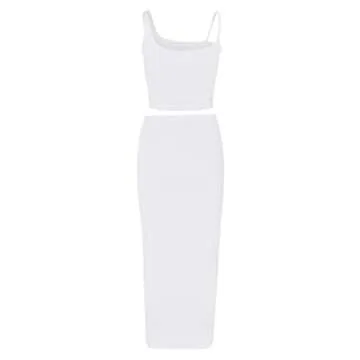 PRIMODA Women's Sexy Asymmetrical Spaghetti Strap Dress Square Neck Sleeveless Bodycon Midi Club Dress(White M)