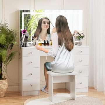 VOWNER Vanity with Lighted Mirror - Makeup Vanity Desk with Power Outlet and 9 Drawers, 3 Color Ligh...